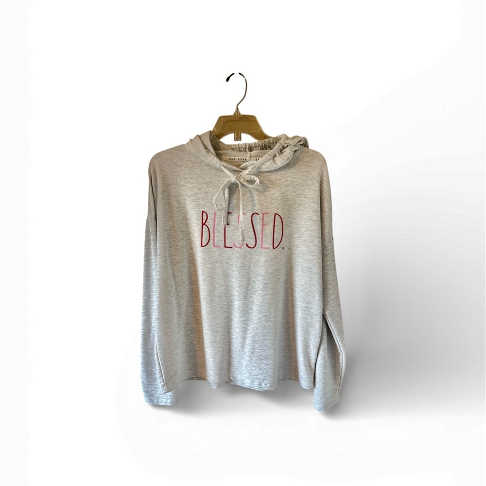 Rae Dunn Blessed Hoodie Sweatshirt Heather Gray Red Script Drawstring Small - Picture 10 of 10